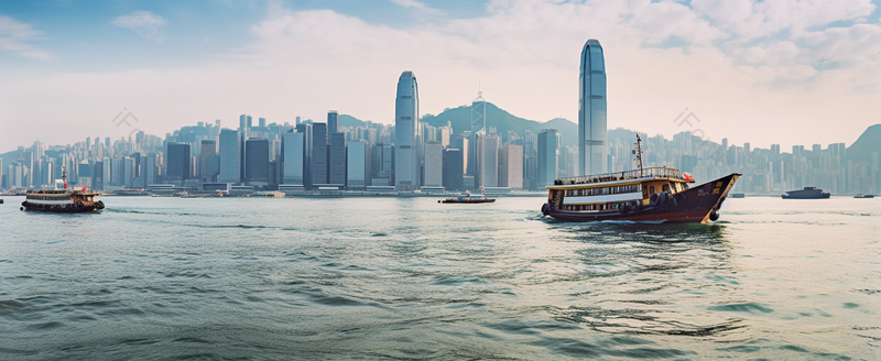 海面上行驶的小船远处的城市实拍摄影图,高清,摄影图,摄影图片,图片大全,摄影图免费下载
